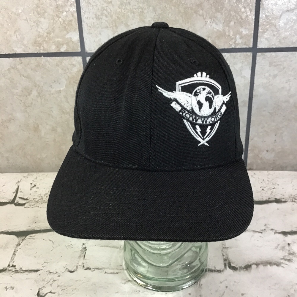 Flexfit Hat Mens L/XL Black Winged Globe Logo Fitted‎ Yupoong Ball Cap